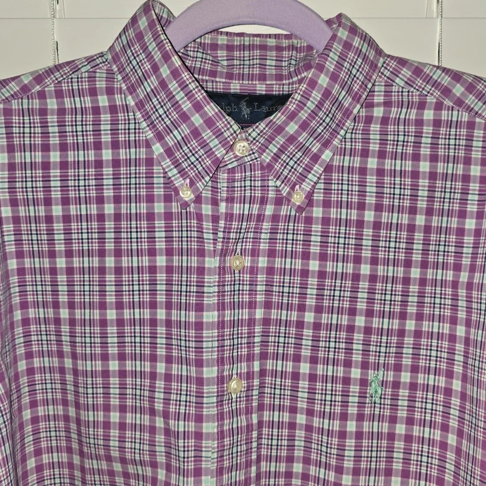 Ralph‎ Lauren Polo Mens Button Down  L/S Shirt Plaid Purple Green 16.5 32/33